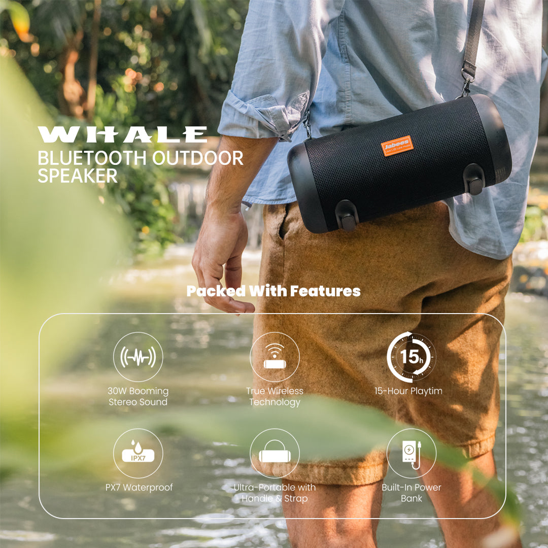 WHALE with Nylon Strap – Bluetooth IPX7 Waterproof Portable Outdoor Speaker with 30W Stereo Sound and USB Charge Out